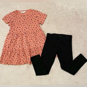 H&M girls polka dot animal print dress, black fleece brushed leggings size 6x